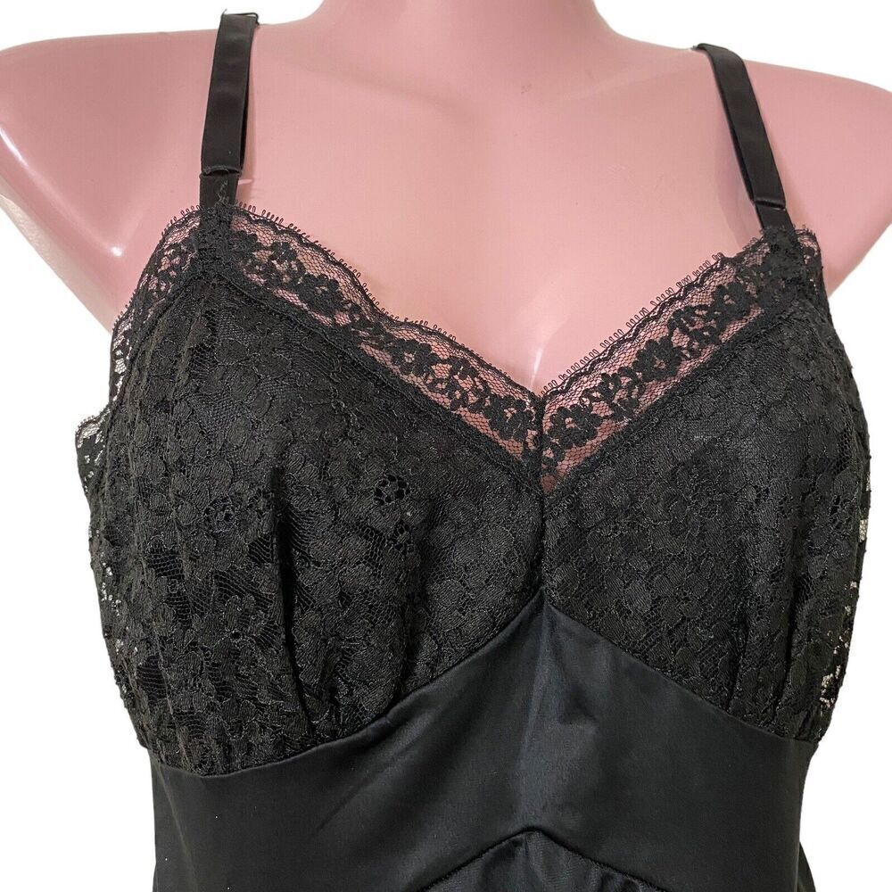 Vintage Adonna Full Slip Women's Size 34 Black Nylon Lace Bodice and Hem Pin-up